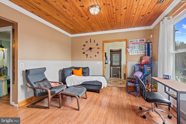 interior space with crown molding, wainscoting, wood finished floors, and wood ceiling