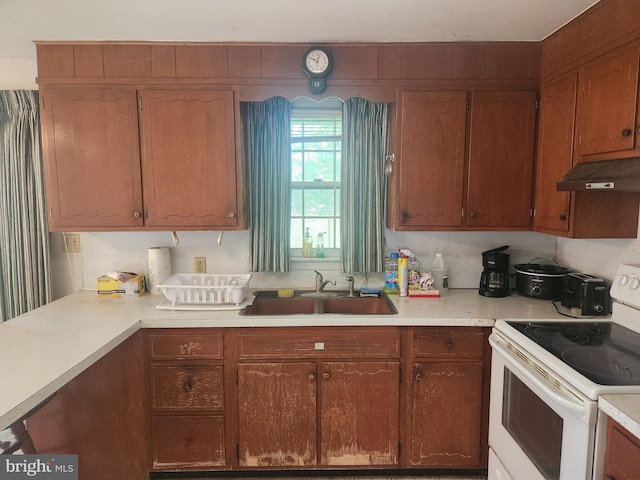 12 Circle View Dr, Leola, PA 17540 - kitchen featuring a sink, light countertops, white electric range oven, and under cabinet range hood