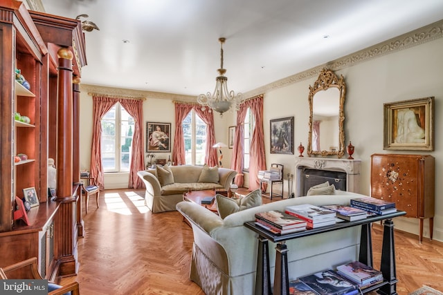 2740 Chain Bridge Rd NW, Washington, DC 20016 - sitting room with a chandelier and a fireplace