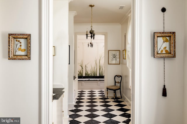 2740 Chain Bridge Rd NW, Washington, DC 20016 - corridor featuring tile patterned floors, visible vents, baseboards, and crown molding