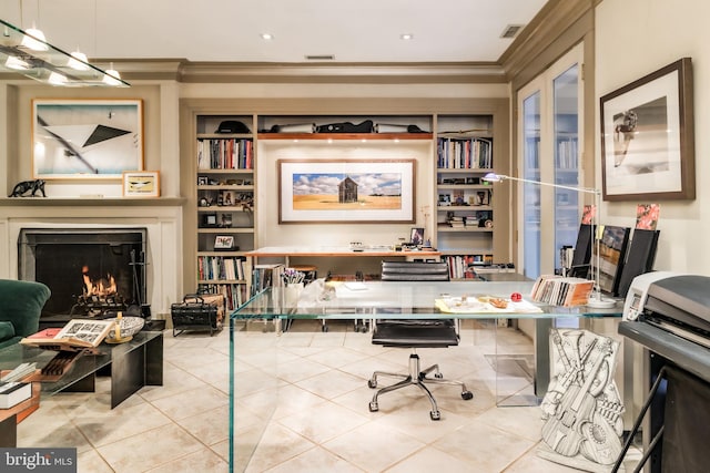 2740 Chain Bridge Rd NW, Washington, DC 20016 - tiled office space featuring crown molding, a warm lit fireplace, visible vents, and built in features