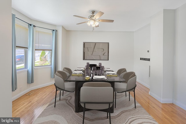 dining space featuring light wood-style flooring, baseboards, a ceiling fan, and visible vents