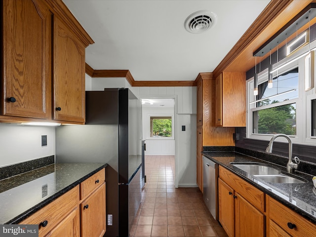 305 W Whitlock Ave, Winchester, VA 22601 - kitchen featuring a sink, stainless steel dishwasher, ornamental molding, tile patterned flooring, and brown cabinetry