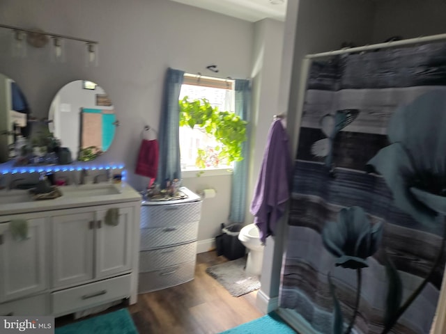 959 Bennett Pl, Baltimore, MD 21223 - bathroom featuring wood finished floors, vanity, toilet, and curtained shower