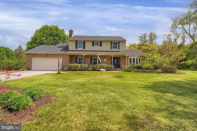 traditional home featuring driveway, a chimney, a front yard, brick siding, and an attached garage
