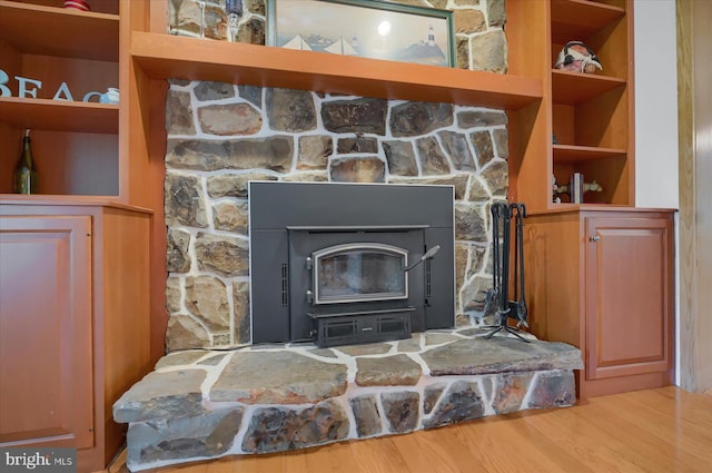 interior details with built in shelves and wood finished floors