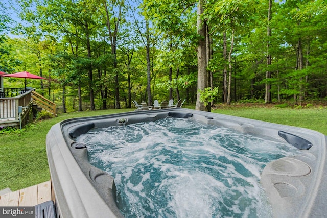 371 Oak Hill Rd, Berkeley Springs, WV 25411 - view of pool featuring a lawn, a wooden deck, and a hot tub