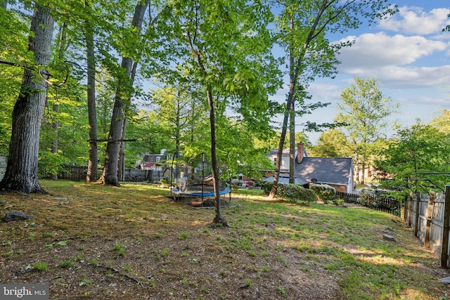 view of yard featuring a fenced backyard and a trampoline