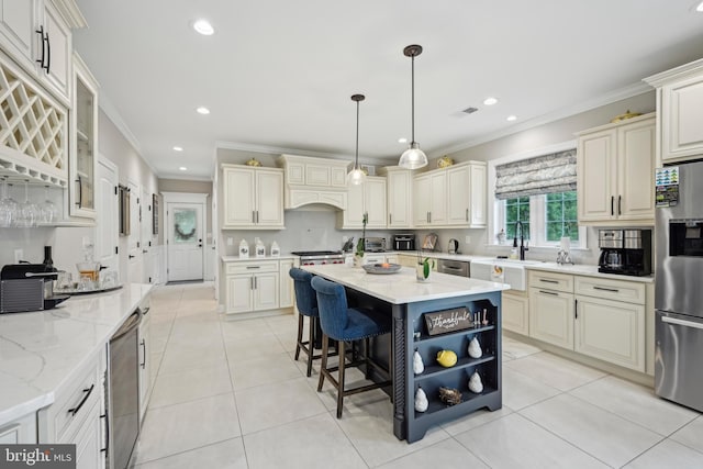 3357 Huntingdon Pike, Huntingdon Valley, PA 19006 - kitchen featuring appliances with stainless steel finishes, crown molding, wine cooler, open shelves, and a center island