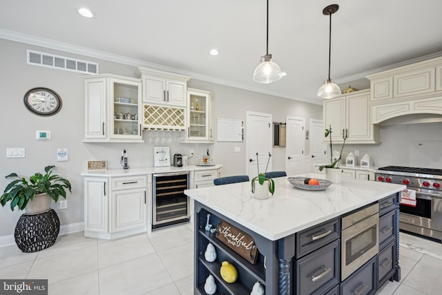 3357 Huntingdon Pike, Huntingdon Valley, PA 19006 - kitchen with wine cooler, appliances with stainless steel finishes, crown molding, light tile patterned floors, and pendant lighting
