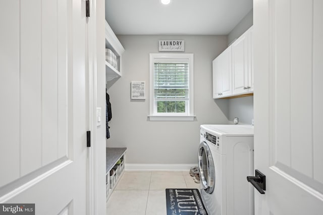3357 Huntingdon Pike, Huntingdon Valley, PA 19006 - laundry area featuring washing machine and dryer, cabinet space, light tile patterned flooring, baseboards, and recessed lighting