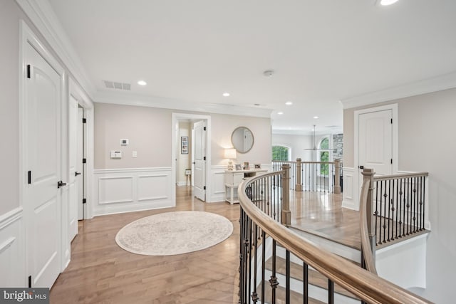 3357 Huntingdon Pike, Huntingdon Valley, PA 19006 - hall featuring an upstairs landing, a decorative wall, crown molding, recessed lighting, and a wainscoted wall