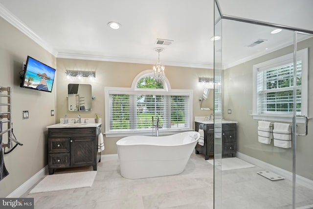 3357 Huntingdon Pike, Huntingdon Valley, PA 19006 - full bathroom featuring crown molding, vanity, healthy amount of natural light, a freestanding bath, and recessed lighting