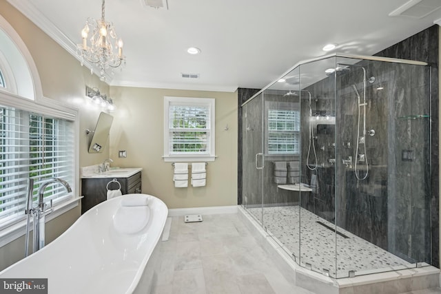 3357 Huntingdon Pike, Huntingdon Valley, PA 19006 - full bathroom featuring baseboards, a soaking tub, vanity, ornamental molding, and a chandelier