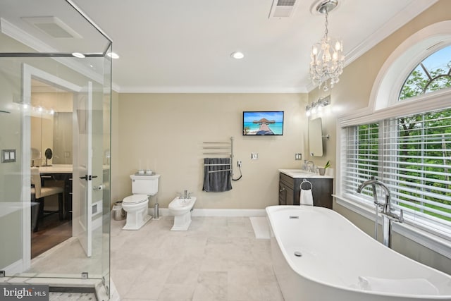 3357 Huntingdon Pike, Huntingdon Valley, PA 19006 - bathroom with a stall shower, vanity, a freestanding tub, a bidet, and crown molding