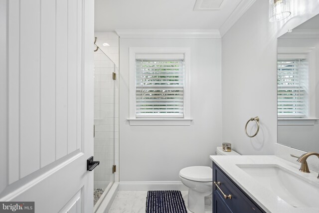 3357 Huntingdon Pike, Huntingdon Valley, PA 19006 - bathroom with toilet, vanity, a shower stall, ornamental molding, and baseboards