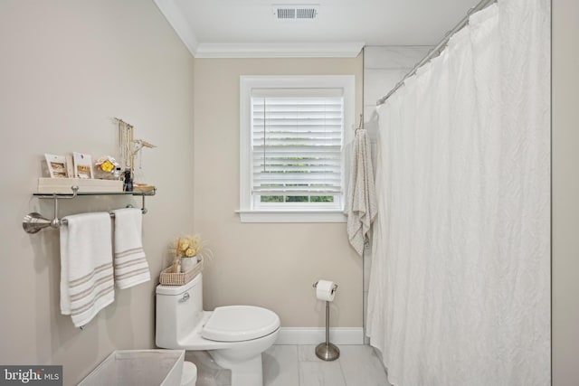 3357 Huntingdon Pike, Huntingdon Valley, PA 19006 - bathroom featuring toilet, crown molding, baseboards, marble finish floors, and a shower with curtain