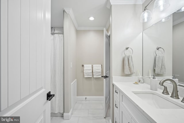 3357 Huntingdon Pike, Huntingdon Valley, PA 19006 - full bath featuring crown molding, marble look tile flooring, vanity, baseboards, and recessed lighting