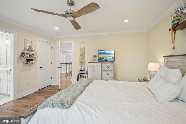 3357 Huntingdon Pike, Huntingdon Valley, PA 19006 - bedroom featuring wood finished floors, recessed lighting, ornamental molding, connected bathroom, and baseboards