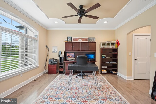 3357 Huntingdon Pike, Huntingdon Valley, PA 19006 - home office featuring light wood finished floors, ceiling fan, ornamental molding, arched walkways, and baseboards