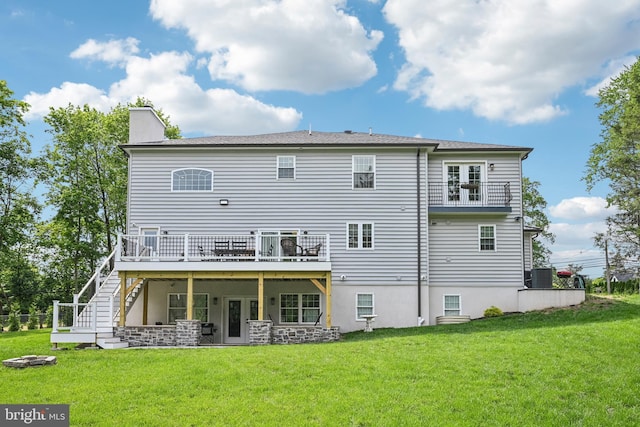 3357 Huntingdon Pike, Huntingdon Valley, PA 19006 - rear view of house featuring a yard, central air condition unit, a wooden deck, and a chimney