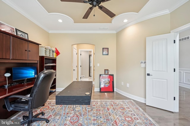 3357 Huntingdon Pike, Huntingdon Valley, PA 19006 - home office with ceiling fan, crown molding, arched walkways, wood finished floors, and recessed lighting
