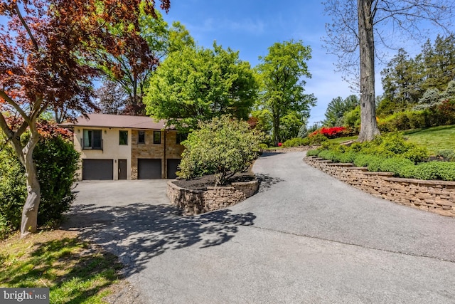 view of home's community with a garage and aphalt driveway