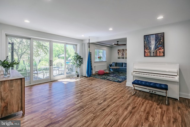 sitting room featuring recessed lighting, baseboards, ceiling fan, and wood finished floors