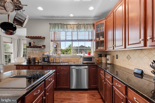 kitchen with stainless steel dishwasher, a sink, plenty of natural light, and black electric stovetop
