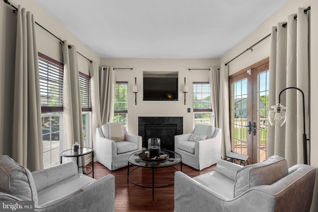 living area with french doors, a glass covered fireplace, a wealth of natural light, and wood finished floors