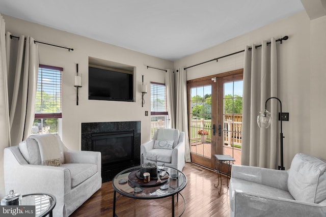 living area featuring a glass covered fireplace, french doors, wood finished floors, and a wealth of natural light