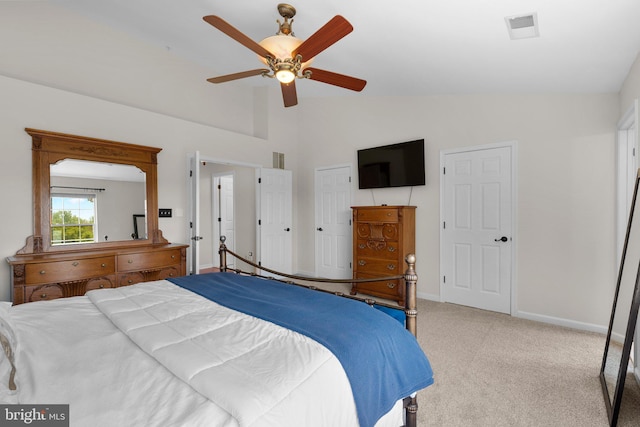 bedroom with visible vents, baseboards, a ceiling fan, carpet, and vaulted ceiling