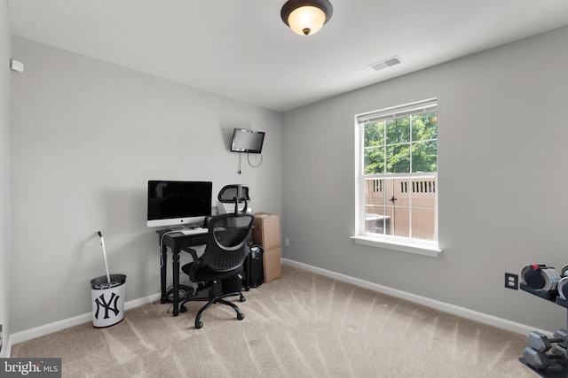 office space featuring visible vents, baseboards, and carpet floors