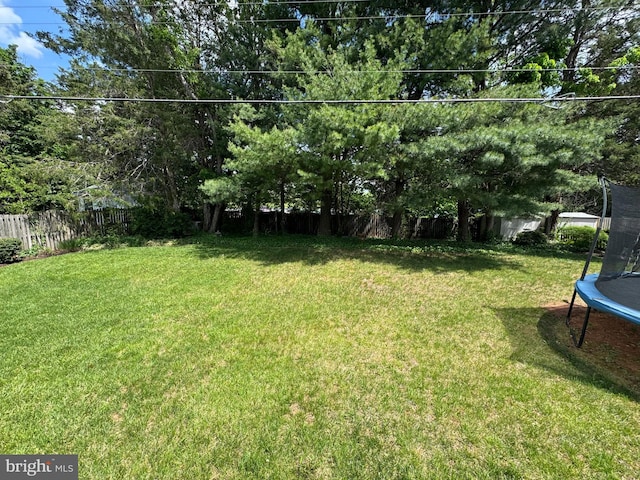 view of yard with a fenced backyard and a trampoline