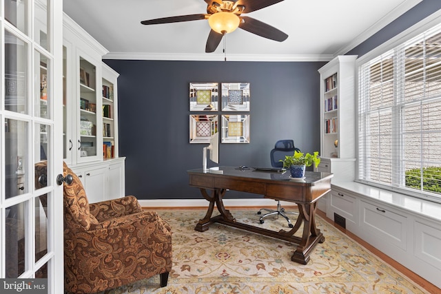 139 Watson Mill Rd, Landenberg, PA 19350 - home office featuring ornamental molding, a ceiling fan, and light wood-style floors