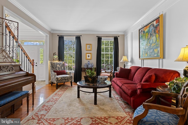 139 Watson Mill Rd, Landenberg, PA 19350 - living room featuring wood finished floors, ornamental molding, and stairway