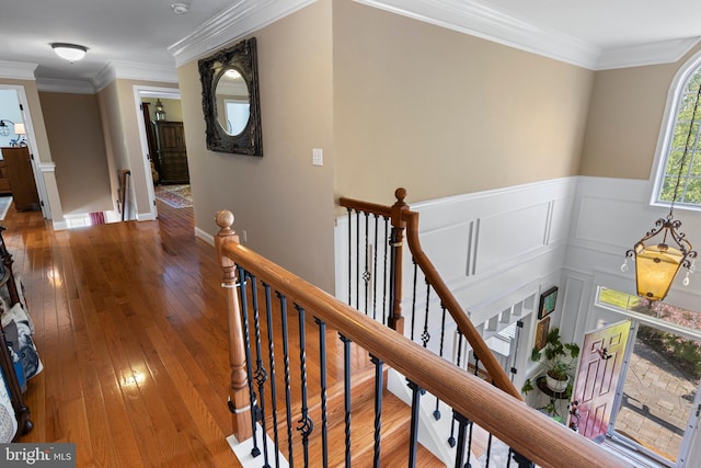 139 Watson Mill Rd, Landenberg, PA 19350 - hall featuring an upstairs landing, hardwood / wood-style floors, crown molding, and wainscoting