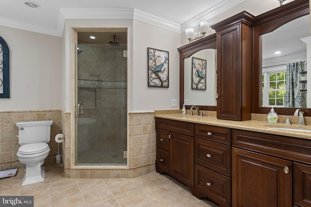 139 Watson Mill Rd, Landenberg, PA 19350 - full bath with tile walls, toilet, a stall shower, crown molding, and double vanity