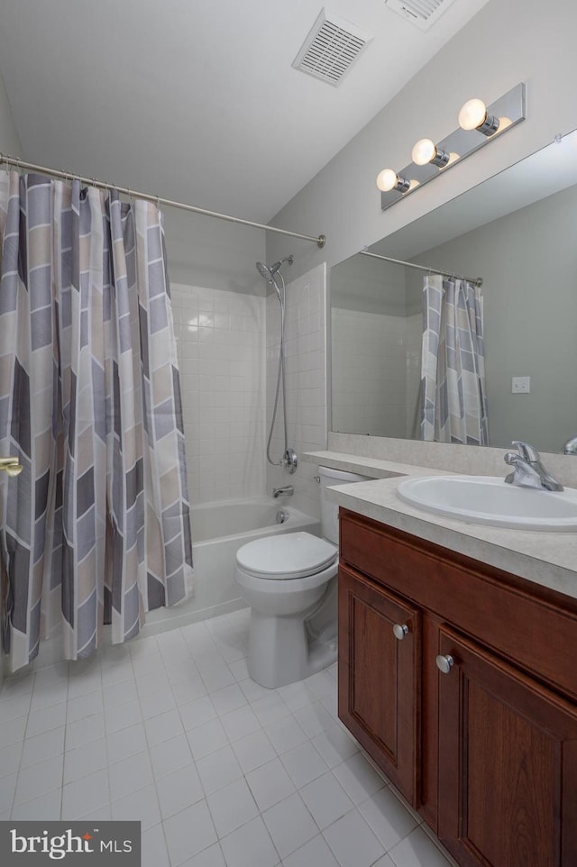 full bath featuring tile patterned flooring, vanity, toilet, shower / bath combination with curtain, and visible vents