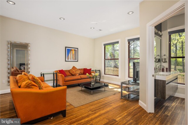living area featuring recessed lighting, wood finished floors, baseboards, and a wood stove