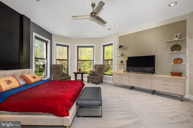 bedroom with carpet floors, baseboards, recessed lighting, and ceiling fan