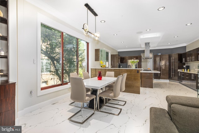 dining space with crown molding, recessed lighting, baseboards, and light marble finish flooring