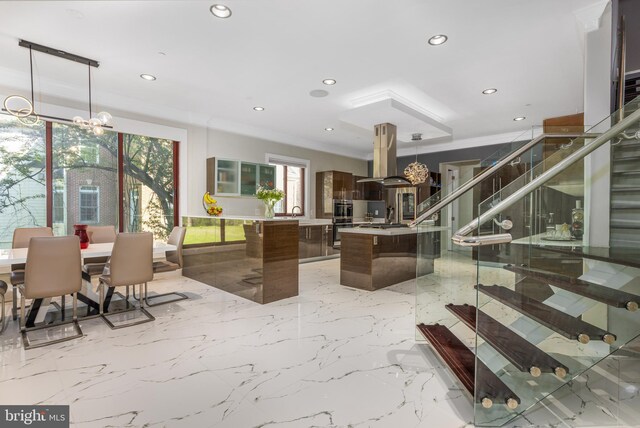 common area with recessed lighting, stairway, ornamental molding, and a sink