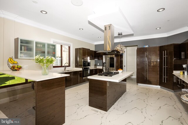 kitchen with a sink, dark brown cabinets, stainless steel gas cooktop, light countertops, and modern cabinets