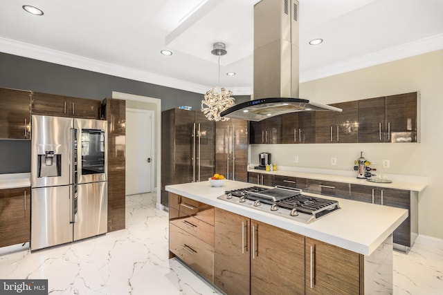 kitchen with stainless steel appliances, island exhaust hood, crown molding, modern cabinets, and recessed lighting