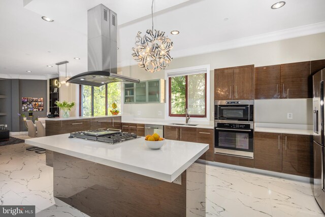 kitchen featuring island range hood, stainless steel appliances, a sink, recessed lighting, and light marble finish floors