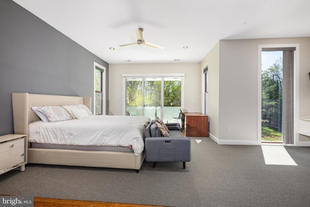 bedroom featuring multiple windows, carpet floors, baseboards, a ceiling fan, and recessed lighting