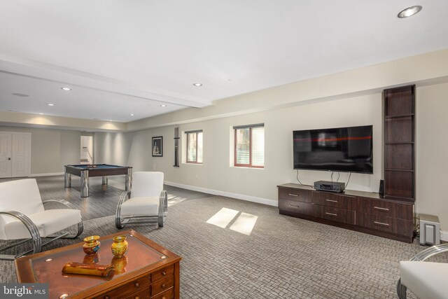 living room with pool table, baseboards, recessed lighting, carpet flooring, and beam ceiling