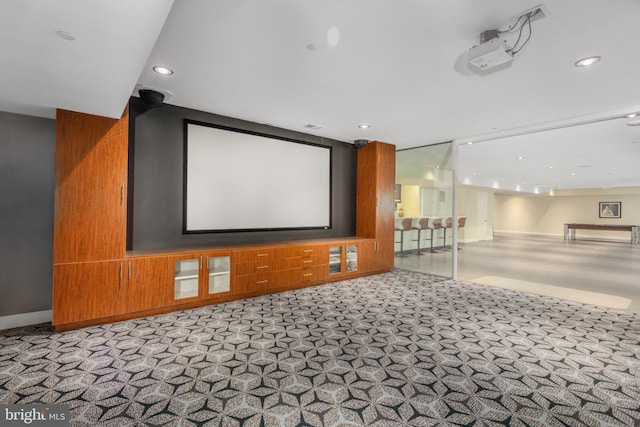 carpeted home theater with baseboards and recessed lighting