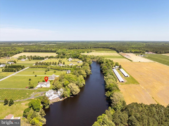 aerial view featuring a water view and a rural view